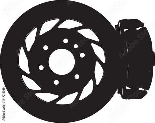 Black silhouette of a car brake disc and caliper with ventilated rotor and drilled holes for performance braking systems in automotive mechanics and engineering also transparent background