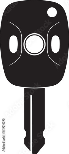 Black silhouette of a car key with a rounded head featuring oval cutouts and a notched metal blade, representing access and security for vehicles also transparent background