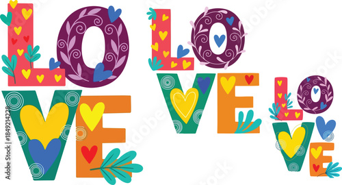 Colorful decorative typography spelling the word love in vibrant patterns perfect for valentines day on transparent background