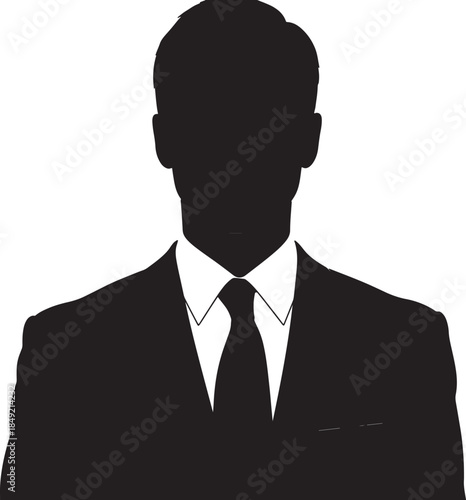Black silhouette of a man in a suit and tie, conveying a sense of business, professionalism, and corporate identity in a clean, iconic style also transparent background