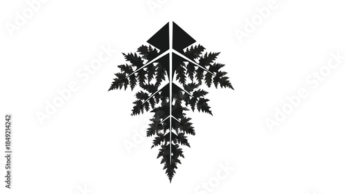 Modern minimalist house silhouette with lush green leaves, eco friendly home design, sustainable architecture concept, natural environment, foliage, black and white