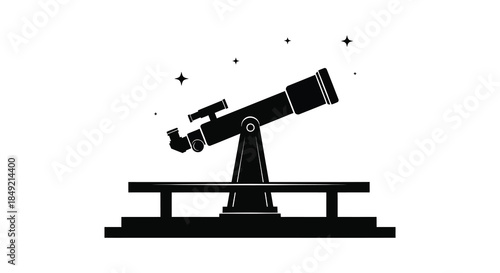 A striking black silhouette of a telescope pointed towards a star filled night sky silhouette