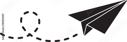 Black silhouette of a paper airplane soaring through the sky leaving a dashed line trail in a playful loop motion also transparent background