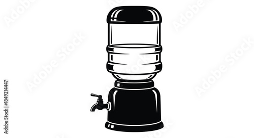 A black and white illustration of a water cooler with a dispensing tap silhouette