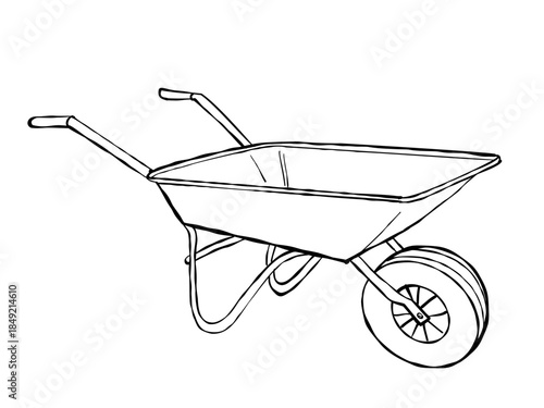 Hand drawn wheelbarrow garden cart with single wheel minimal black line art illustration isolated on white