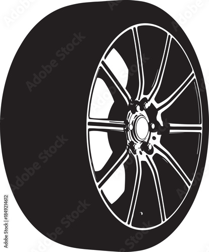 Close-up silhouette of a car wheel rim with a multi-spoke and tire, emphasizing the sleek lines and dynamic aesthetic of modern automotive wheel technology also transparent background