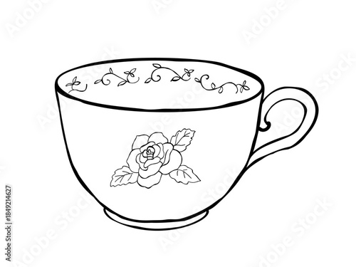 Vintage floral teacup with rose motif and vine rim pattern isolated on white black and white hand drawn line art