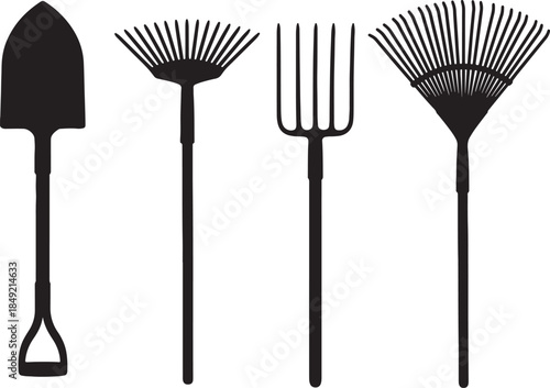 Collection of black silhouettes of essential gardening tools including a shovel, a pitchfork, and two different types of rakes on a white background also transparent background