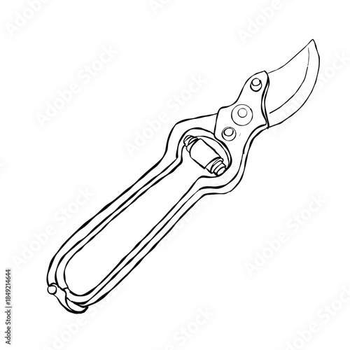 Hand drawn pruning shears secateurs garden tool minimal black line art illustration isolated on white for gardening projects