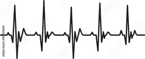 Continuous black line of multiple electrocardiogram heartbeat waveforms illustrating a steady pulse or vital signs over time in a medical context also transparent background
