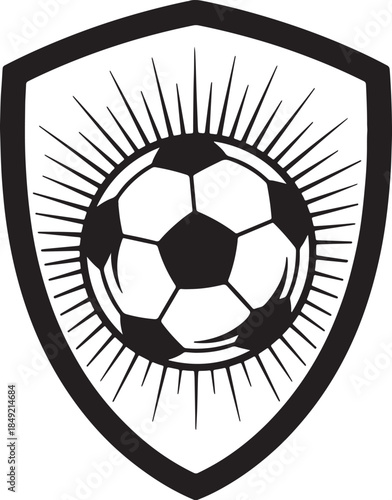 Emblematic black and white silhouette of a soccer ball within a shield shape, radiating lines symbolizing energy and sport competition also transparent background