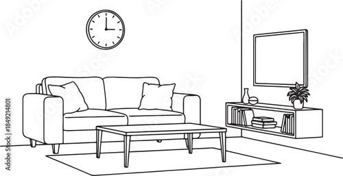 Minimalist line of a modern living room interior featuring a sofa, coffee table, rug, wall clock, and entertainment unit with decorative also transparent background