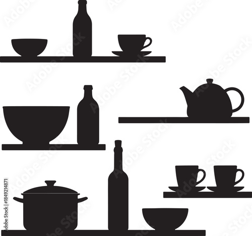 Silhouette collection of kitchenware and bottles arranged on shelves, featuring bowls, cups, a teapot, a pot, and bottles, creating a representation of domestic also transparent background