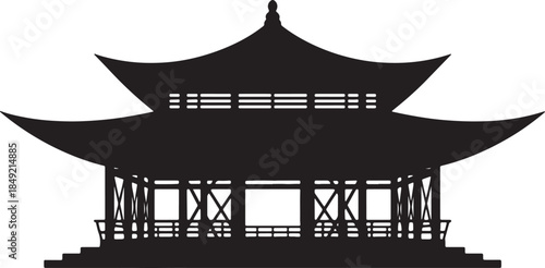 Silhouette of a grand East Asian pavilion with multiple sweeping roof layers and ornate structural details on a white background also transparent background