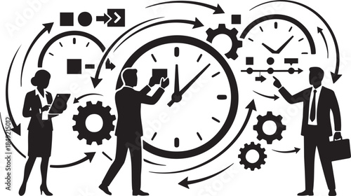 Silhouettes of business people interacting with clocks gears and workflow diagrams time