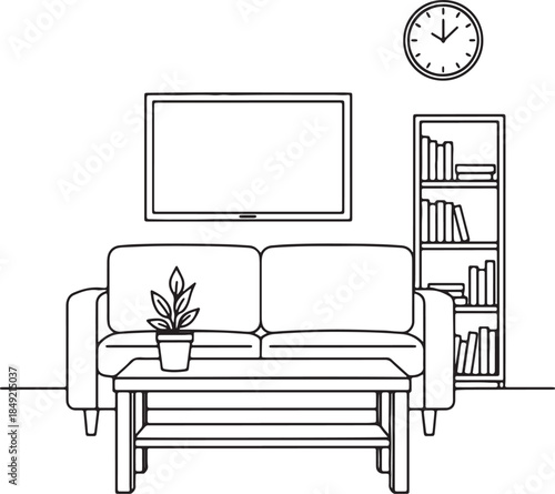 Minimalist line of a modern living room interior featuring a comfortable sofa, coffee table with a potted plant, bookshelf filled with books, and a wall-mounted television also transparent background