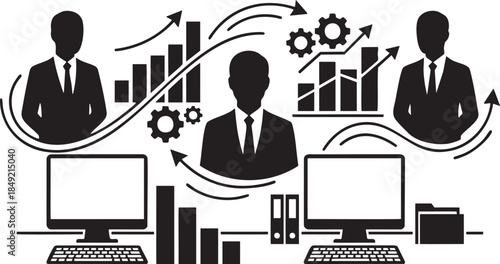 Silhouettes of businessmen with computers charts and gears symbolizing corporate growth success