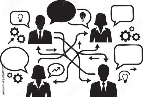 Silhouettes of people in business attire communicating with speech bubbles and gears communication