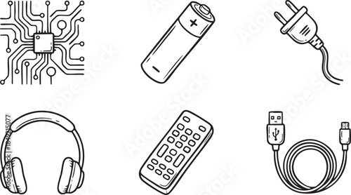 Six black and white hand drawn electronic device icons on a white background circuit board