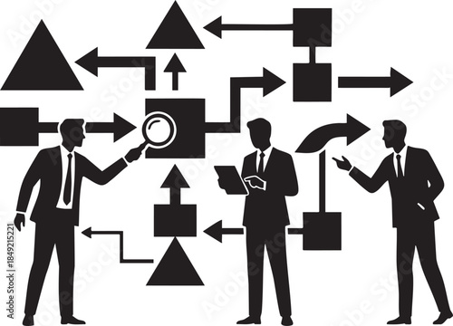 Three men in suits interacting with a black flowchart diagram with arrows and shapes business