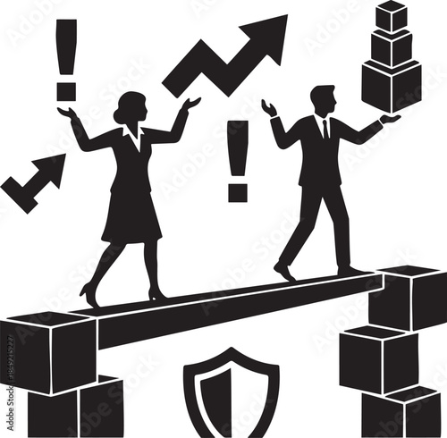 Two business people balancing on a beam with boxes and growth chart icons woman