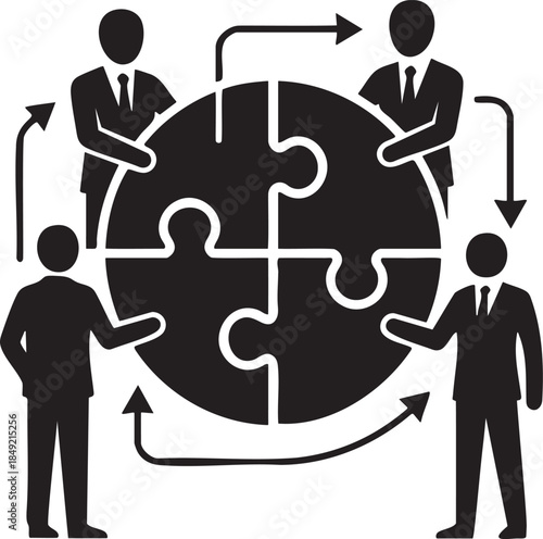 Four business people in suits collaborate around a circular puzzle with arrows indicating teamwork and connection
