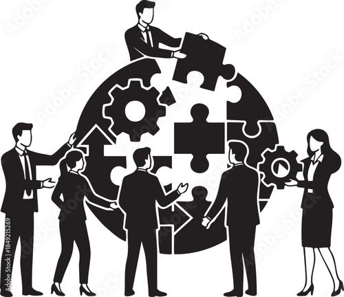 Diverse business people collaborating on a circular puzzle with gears and arrows teamwork collaboration