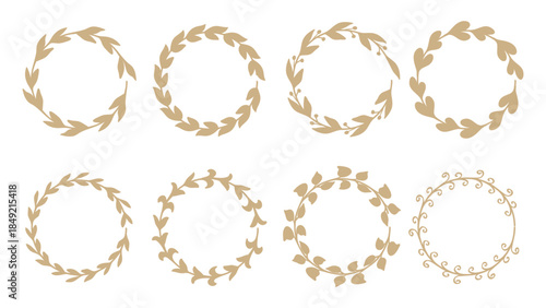Gold Leaves Circle Border Vintage Collection Botanical Wreath Frame Design Elements.Vector Set