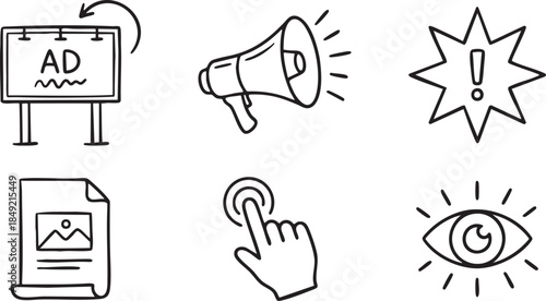Hand drawn icons of billboard advertisement megaphone exclamation mark document click and eye sign
