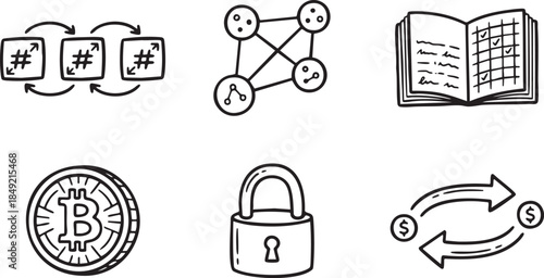Hand drawn icons of bitcoin lock network book and currency exchange cryptocurrency money