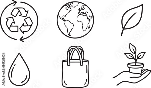 Hand drawn icons of recycling symbol earth leaf water drop shopping bag and plant in pot recycle