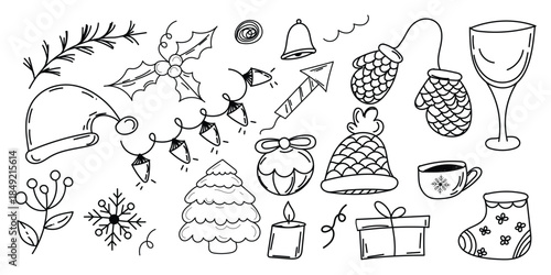 Doodle set of winter holiday icons for festive design