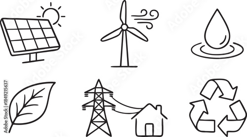 Hand drawn icons of solar panel wind turbine water drop leaf power tower and recycling symbol vector