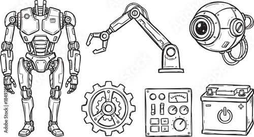 Hand Drawn Robot Components and Mechanical Parts Collection android robotic