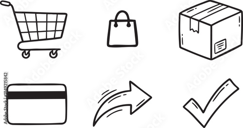 Hand drawn shopping cart shopping bag cardboard box credit card arrow and check mark icons trolley