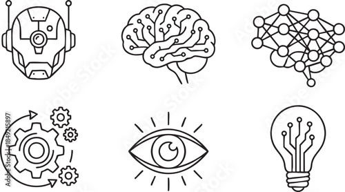 Robot head brain network eye gears lightbulb icons representing artificial intelligence and technology