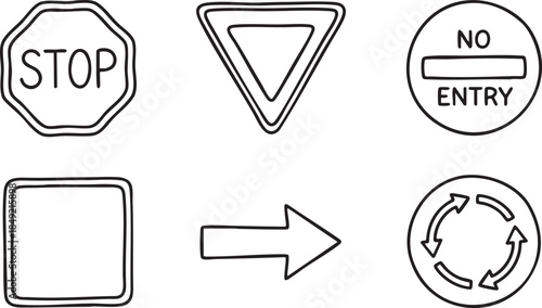 Hand drawn traffic signs stop yield no entry square arrow and roundabout symbols vector