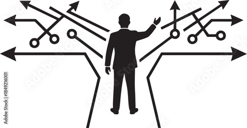 Silhouette man in suit facing multiple diverging arrows and pathways businessman career