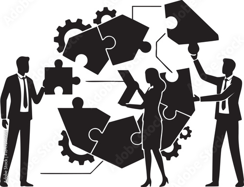 Silhouettes of business people assembling puzzle pieces and gears vector