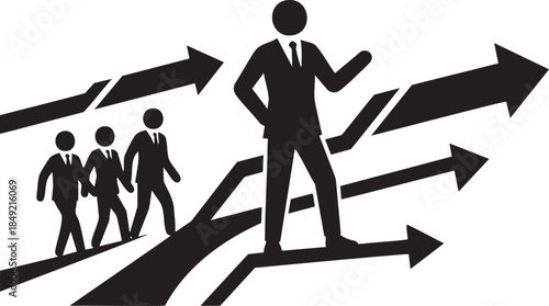 Silhouette of business people walking on diverging arrow paths towards future growth vector