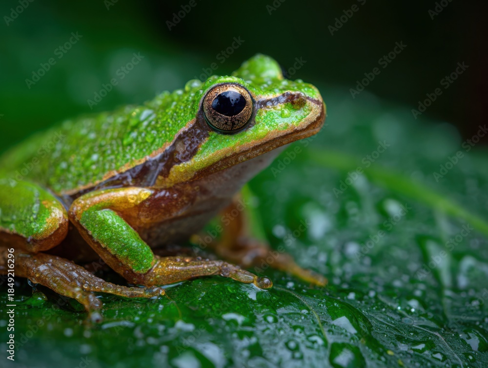 Naklejka premium Macro shot of a vibrant green frog on wet leaf
