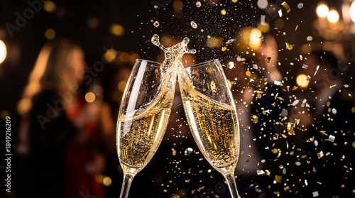 Close Up of Two Champagne Glasses Clinking with Liquid Splash and Gold Confetti for New Year Party Celebration