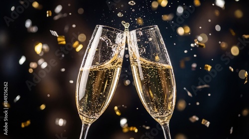 Close Up of Two Champagne Glasses Clinking with Liquid Splash and Gold Confetti for New Year Party Celebration