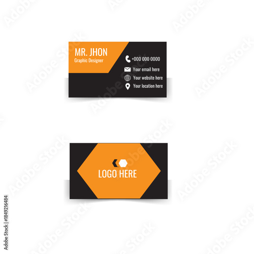 Modern Orange and Black Business Card Template for Graphic Designers with Hexagon Elements
