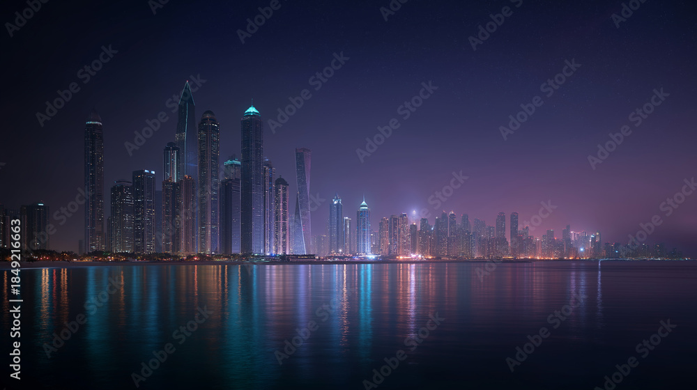 Fototapeta premium Cityscape at Dusk: A mesmerizing cityscape, illuminated at dusk, reflects gracefully on the tranquil waters. The image showcases the sleek lines of modern architecture contrasted by the soft.
