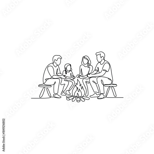 family sitting around a campfire on benches