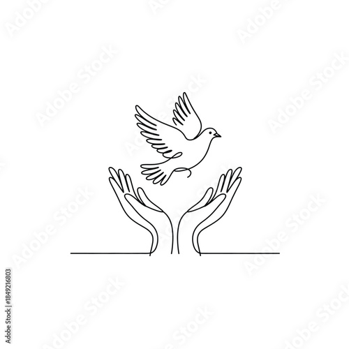 Hands releasing a flying dove in minimalist line art style