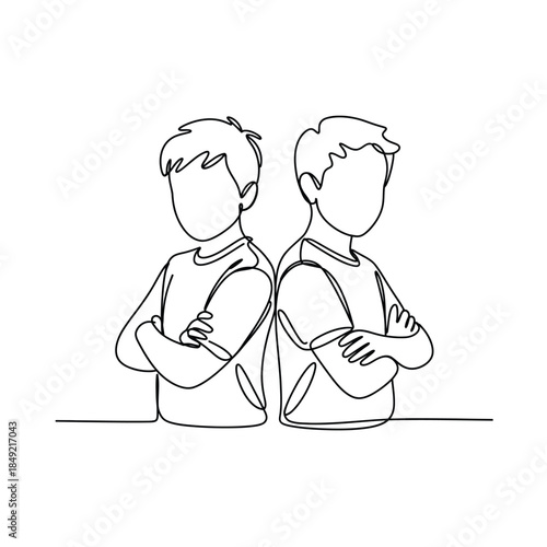 Two boys standing with arms crossed in a minimalist line drawing