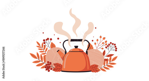 Warm orange teapot with rising steam surrounded by cozy yarn balls and a bouquet of red and orange autumn leaves.