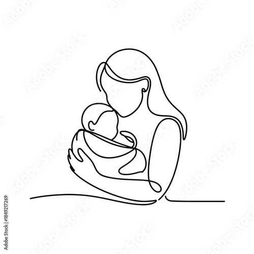 Continuous line drawing of a mother holding her baby tight